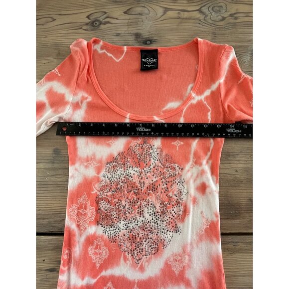 Y2K Sledge T-Shirt Womens M Coral T-Dye Embellished Ribbed Fitted Scoop Neck - Picture 4 of 5